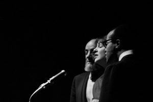 Vocalese trio formed by jazz vocalists Dave Lambert; Jon Hendricks and Annie Ross during their performance on stage at The Birdhouse; Chicago; 1962.